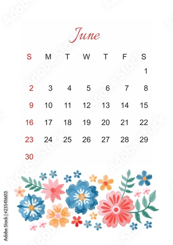 June. Vector calendar template for 2019 year with beautiful composition of embroidery flowers. Week start on sunday. photo