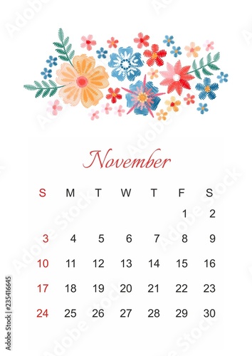 November. Vector calendar template for 2019 year with beautiful composition of embroidery flowers. Week start on sunday. photo