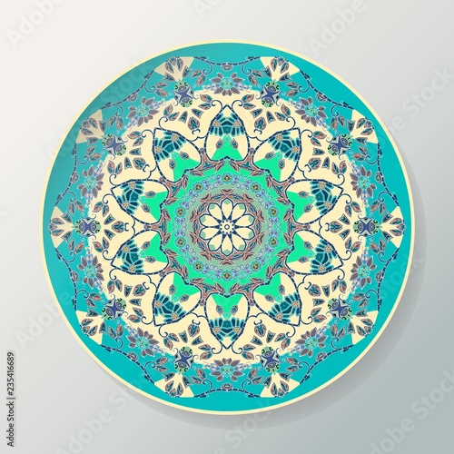 Round mandala pattern. Vector decorative ceramic plate with ornament in ethnic style. Vector illustration