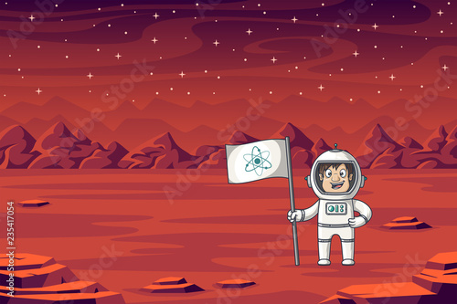 An astronaut stands with flag on Mars