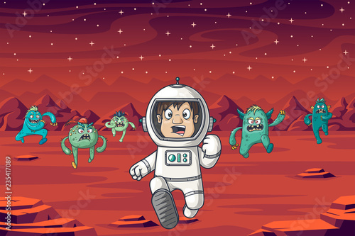An astronaut is being chased by monsters on Mars