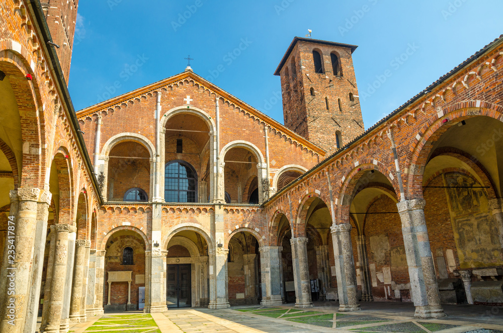 Basilica of Sant'Ambrogio church brick building, Milan, Italy