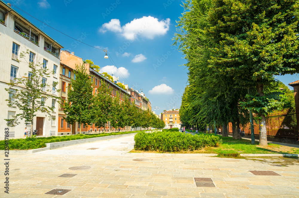 Obraz premium Piazza Sant'Ambrogio square alley street green trees, Milan, Italy