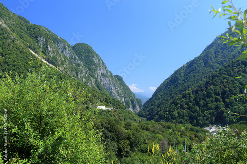 View of Akhtsu gorge on a Sunny day in the Caucasus mountains of Russia