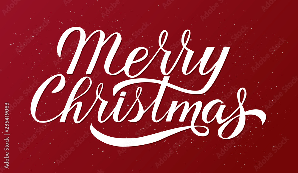 Merry Christmas calligraphy lettering on red background. Celebration quote hand drawn with brush. Holidays typography poster. Easy to edit vector template