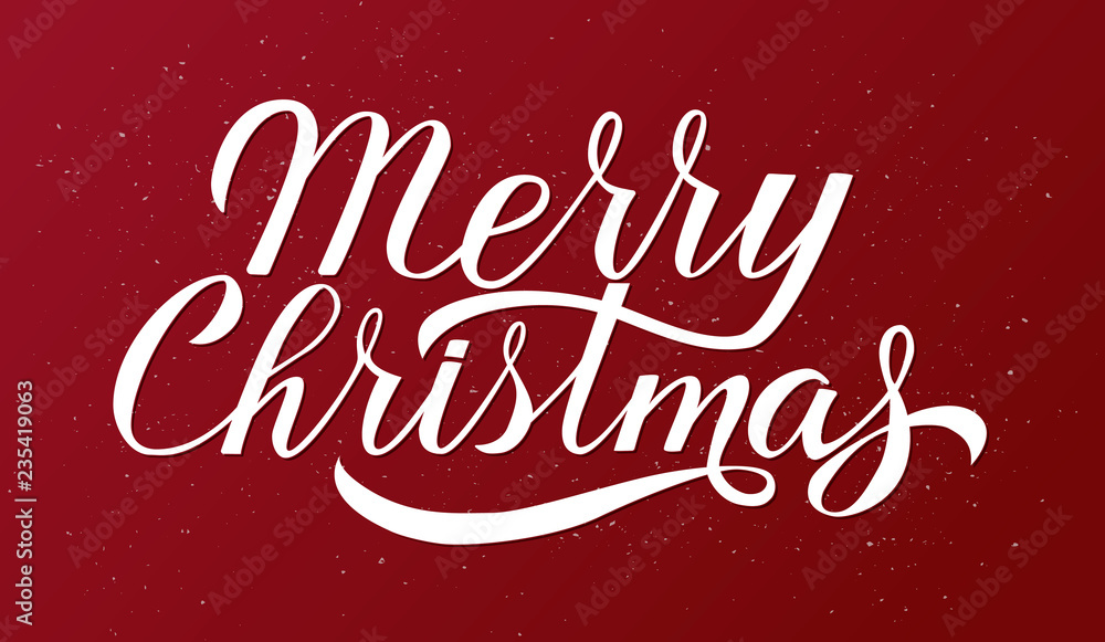 Merry Christmas calligraphy lettering on red background. Celebration quote hand drawn with brush. Holidays typography poster. Easy to edit vector template Merry Christmas calligraphy lettering on red background. Celebration quote hand drawn with brush. Holidays typography poster. Easy to edit vector template