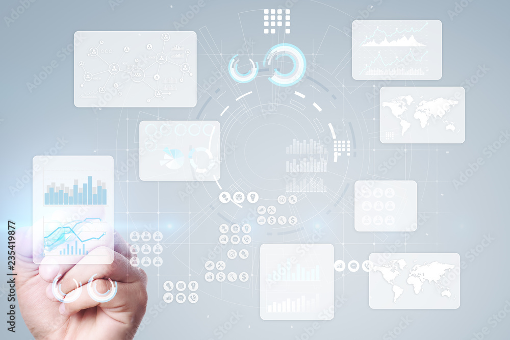 Virtual touch screen. Project management. Data analysis. Hitech technology solutions for business. Development. Icons and graphs background. Virtual touch screen. Project management. Data analysis. Hitech technology solutions for business. Development. Icons and graphs background.