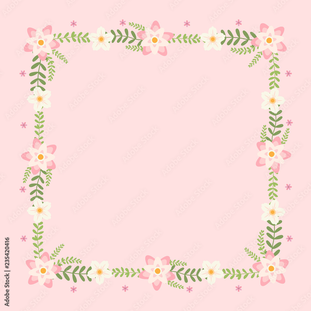 Floral greeting card and invitation template for wedding or birthday anniversary, Vector shape of text box label and frame, Pink flowers wreath ivy style with branch and leaves.