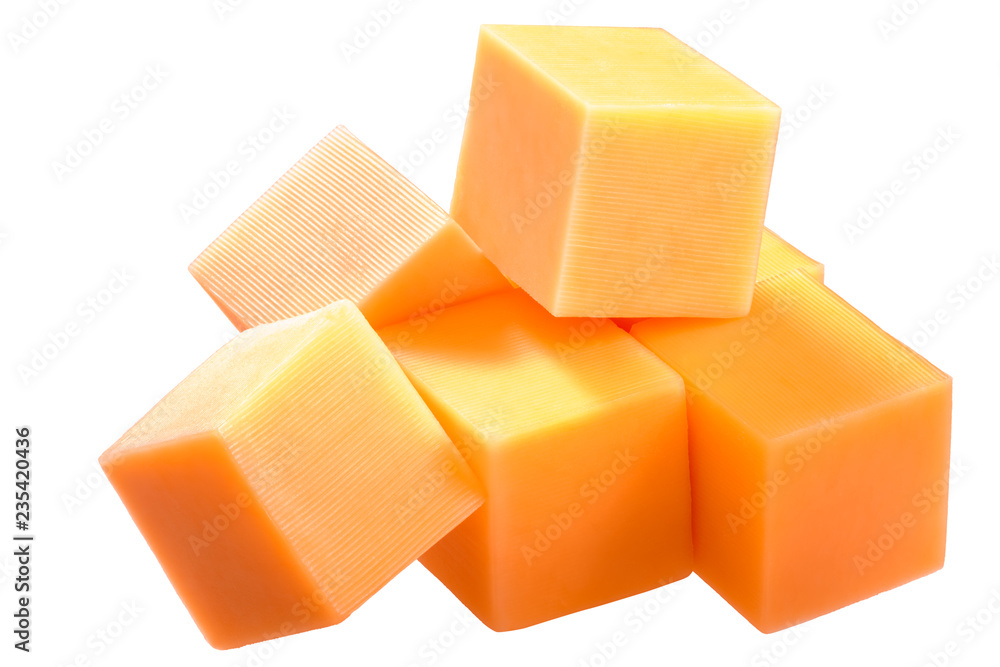 Cheddar cheese cubes, pile, paths Cheddar cheese cubes, pile, paths