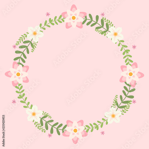 Floral greeting card and invitation template for wedding or birthday anniversary  Vector shape of text box label and frame  Pink flowers wreath ivy style with branch and leaves.