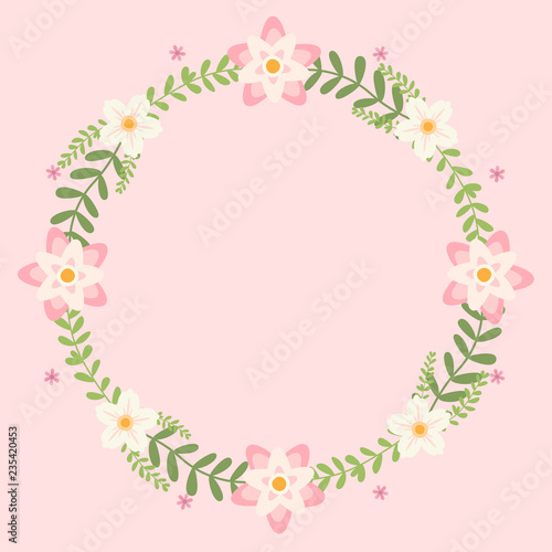 Floral greeting card and invitation template for wedding or birthday anniversary, Vector shape of text box label and frame, Pink flowers wreath ivy style with branch and leaves.