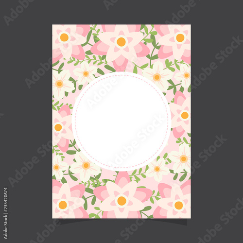 Common size of floral greeting card and invitation template for wedding or birthday anniversary, Vector shape of text box label and frame, Pink flowers wreath ivy style with branch and leaves.