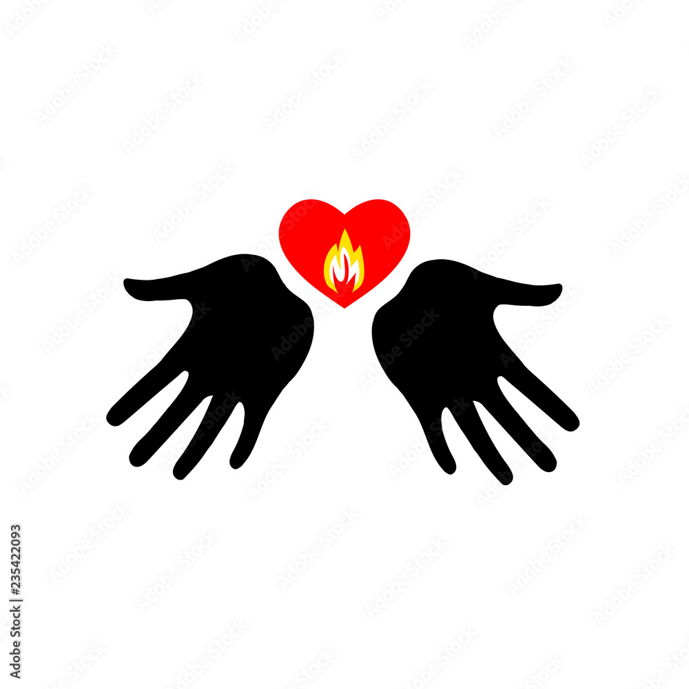 Obraz premium Hands holding a flaming heart. Hot love or kind donation concept. Vector illustration.