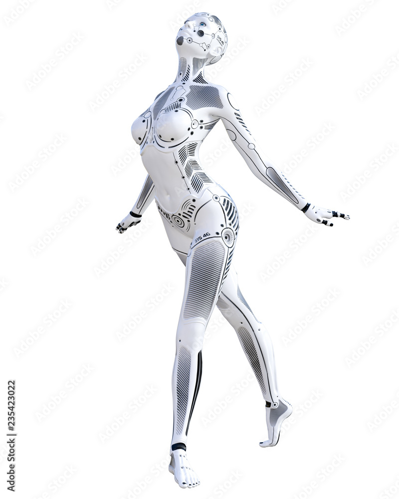 Dance robot woman. Metal droid. Artificial Intelligence. Conceptual fashion art. Realistic 3D render illustration. Studio, isolate, high key. Dance robot woman. Metal droid. Artificial Intelligence. Conceptual fashion art. Realistic 3D render illustration. Studio, isolate, high key.