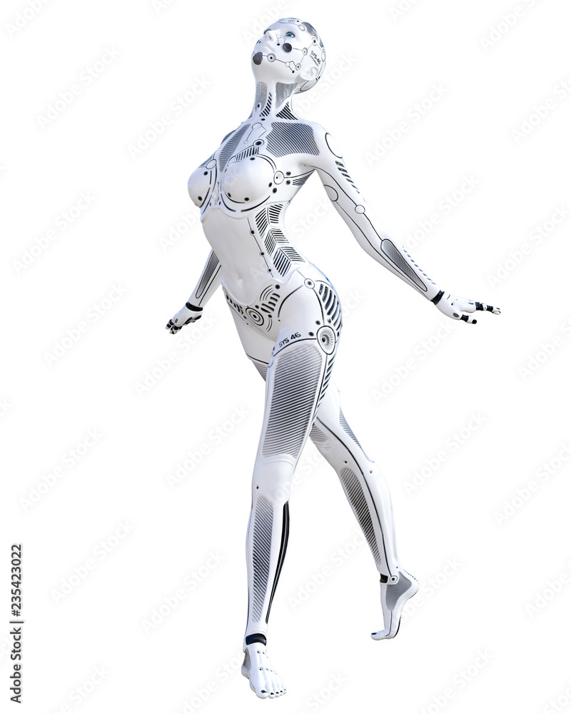 Dance robot woman. Metal droid. Artificial Intelligence. Conceptual fashion art. Realistic 3D render illustration. Studio, isolate, high key.