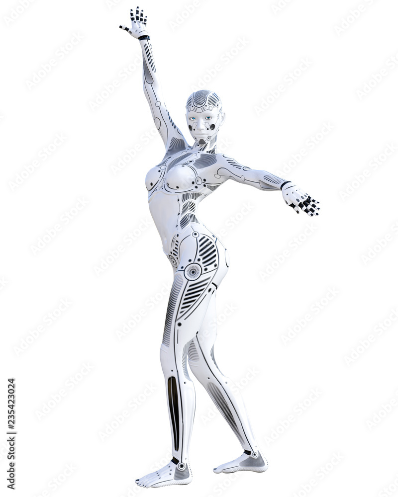 Dance robot woman. Metal droid. Artificial Intelligence. Conceptual fashion art. Realistic 3D render illustration. Studio, isolate, high key.