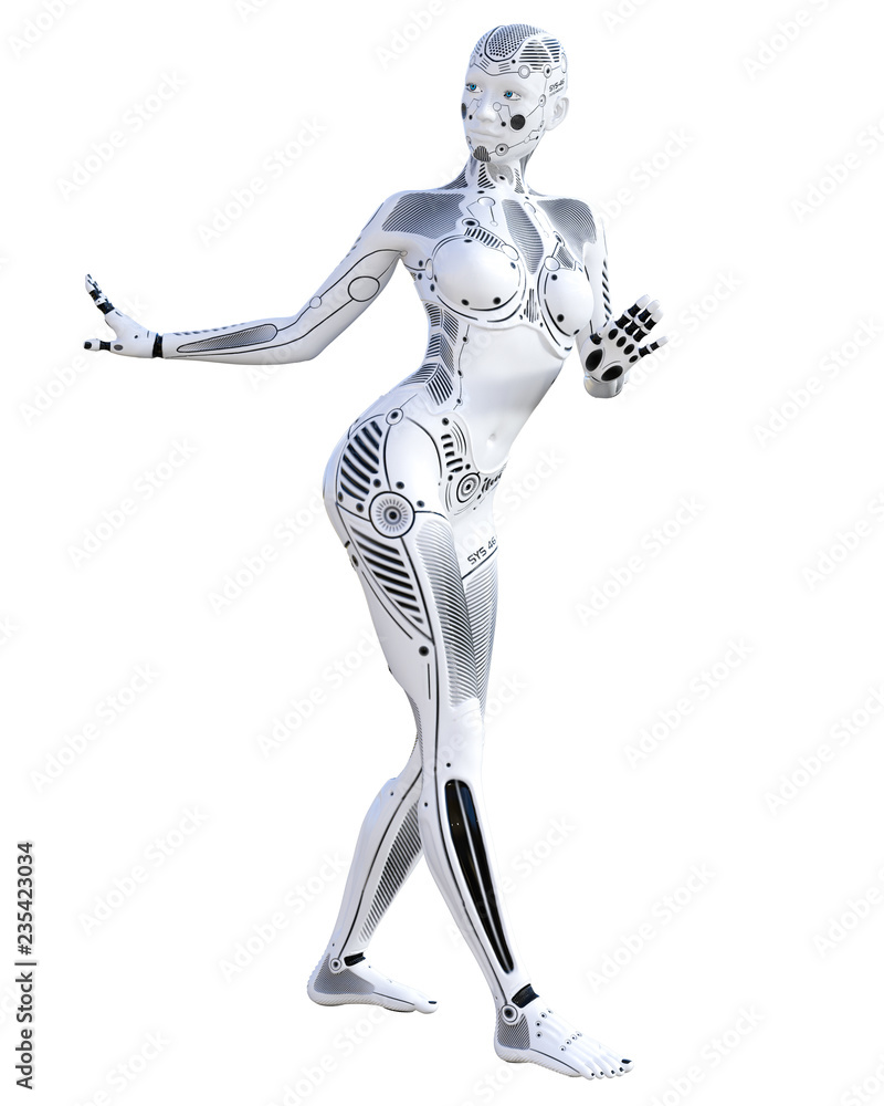 Dance robot woman. Metal droid. Artificial Intelligence. Conceptual fashion art. Realistic 3D render illustration. Studio, isolate, high key.