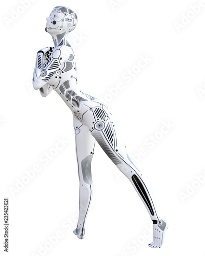 Dance robot woman. Metal droid. Artificial Intelligence. Conceptual fashion art. Realistic 3D render illustration. Studio  isolate  high key.