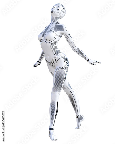 Dance robot woman. Metal droid. Artificial Intelligence. Conceptual fashion art. Realistic 3D render illustration. Studio  isolate  high key.