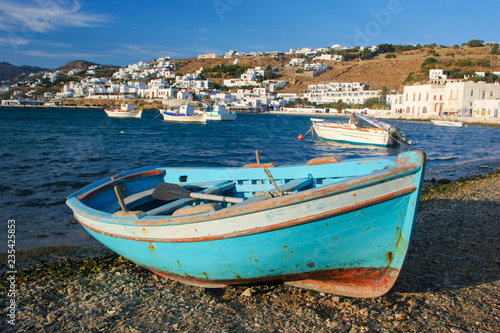 Colorful fishing boats on the harbor of Mykonos, Greece