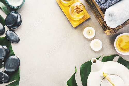 Spa accessories on grey background