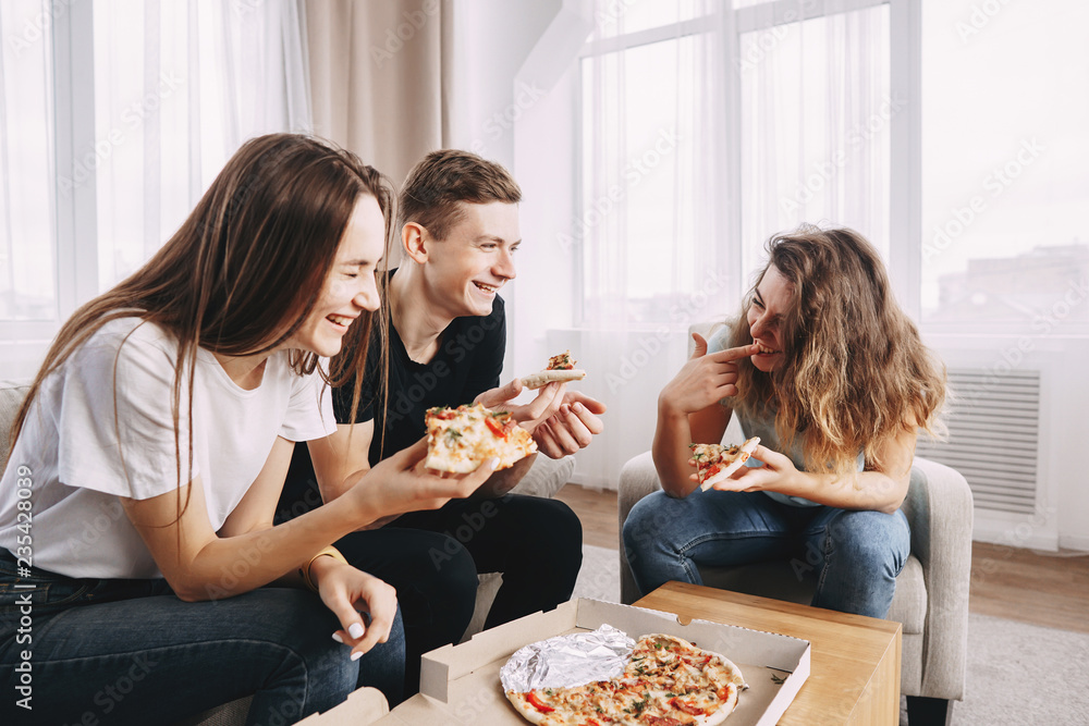 Friends Have Pizza Party at Home, Fun Leisure Stock Image - Image of slice,  friendship: 91951315