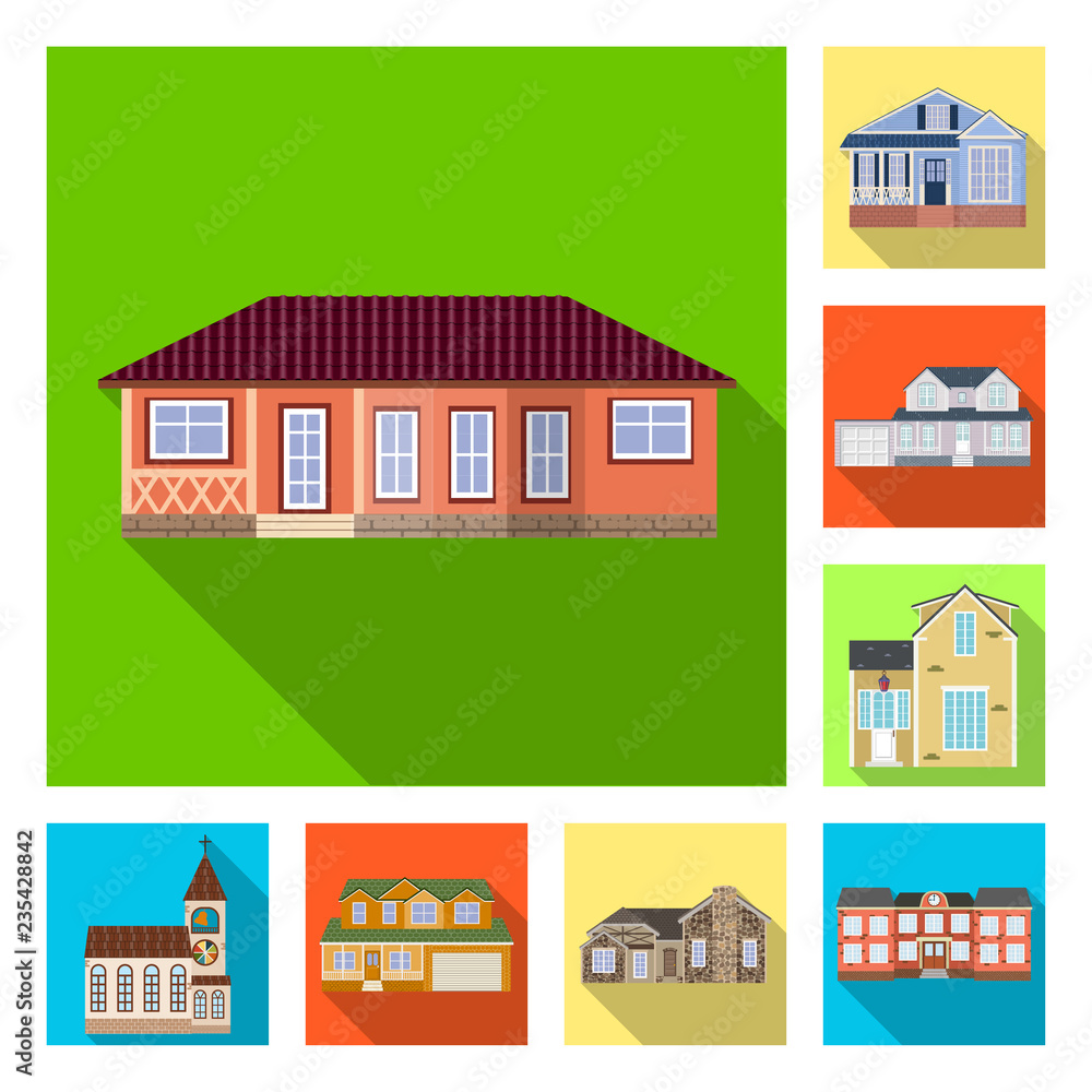 Vector illustration of building and front icon. Set of building and roof stock symbol for web.