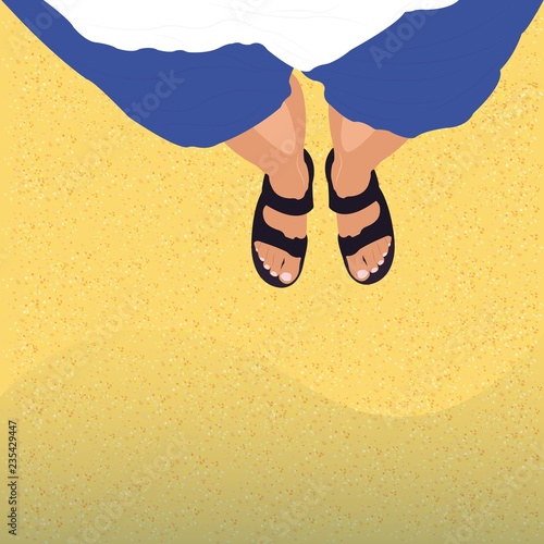 Tanned male legs in sandals on the beach. Vector illustration.