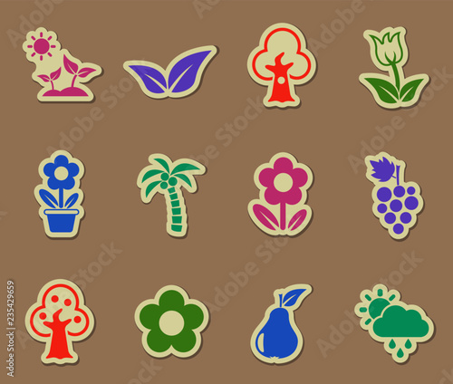 plants color vector icons on paper stickers