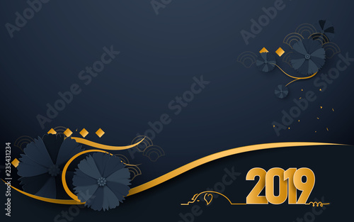 Happy new year 2019. Luxury gold and dark blue with Oriental Blooming Flowers paper cut art and craft style background