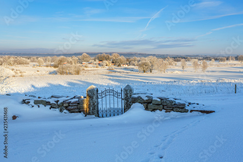 Fototapeta Naklejka Na Ścianę i Meble -  Snowy rural landscape with a snow covered gate