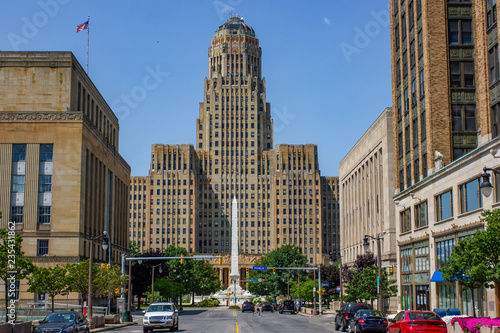 Sticker Buffalo City hall and Niagara Square ( State of New York) view from court Street during day time from the middle of the road