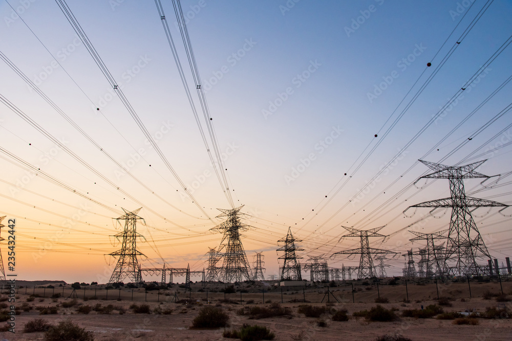 Electricity overhead power lines in the desert