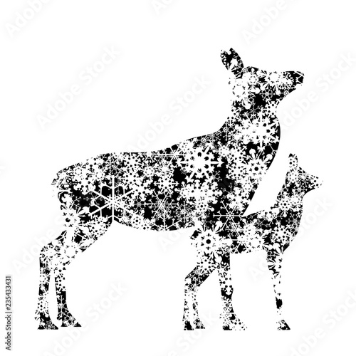 Vector silhouette of hind and baby hind with snowflakes.