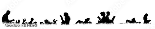 Vector silhouette of people who read on meadow.