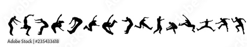 Vector silhouette of man who jumps on white background.