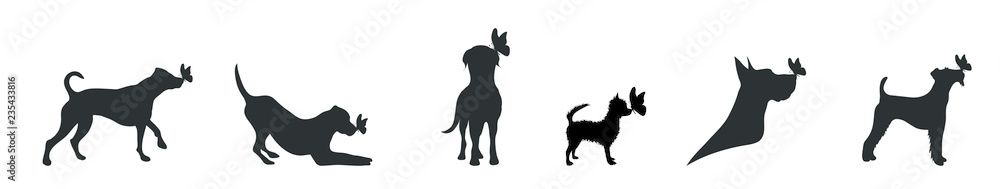 Vector silhouette of dog set with butterfly on white background.