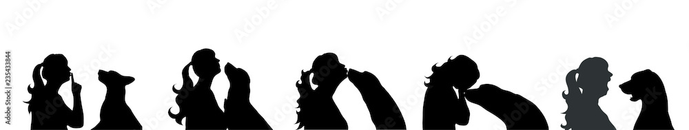 Vector silhouette of set of woman with dog white background.