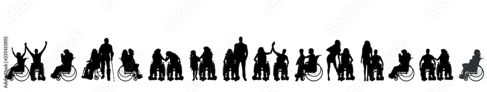Vector silhouette of set of people on wheelchair with dog.