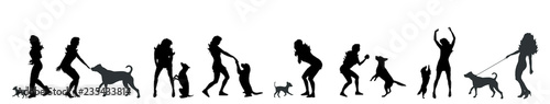Vector silhouette of set of woman with dog white background.