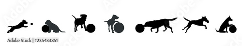 Vector silhouette of dog set with ball on white background.
