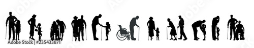 Vector silhouette of set of old people with children.