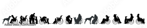 Vector silhouette of set of people on wheelchair with dog.