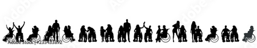 Vector silhouette of set of people on wheelchair with dog.