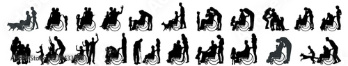 Vector silhouette of set of people on wheelchair with dog.