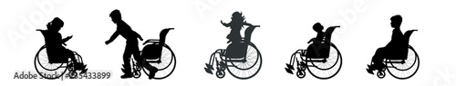 Vector silhouette of set of children on wheelchair.