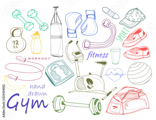 Hand drawn doodle sport elements. Colored graphic vector set. All elements are isolated