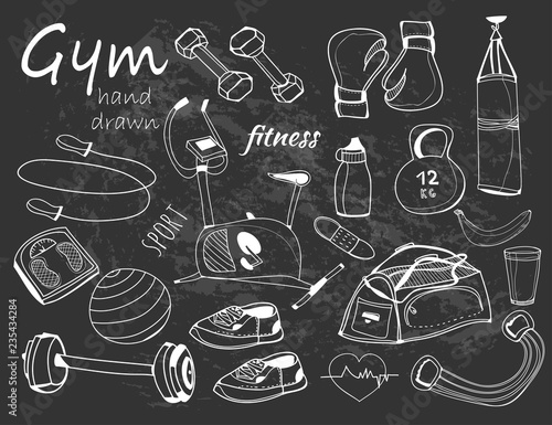 Hand drawn doodle sport elements. Graphic vector set. Chalkboard style. Black background. All elements are isolated