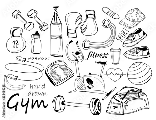 Hand drawn doodle sport elements. Graphic vector set. All elements are isolated