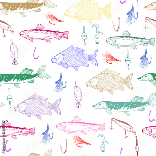 Hand drawn fish. Pike, trout and carp. Colored graphic vector seamless pattern
